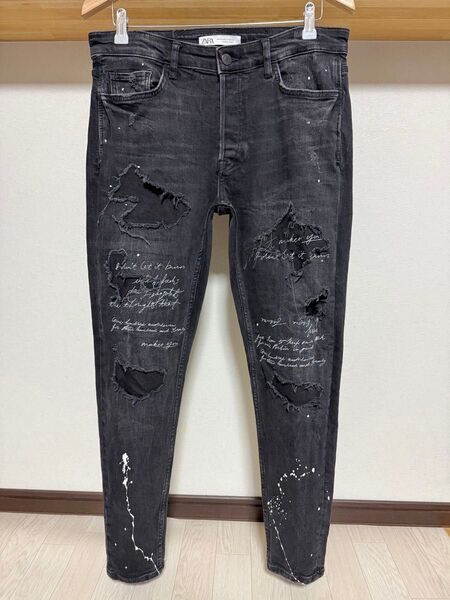 刺繍 ペイント ZARA MAN ストレッチ スキニー 44 34 ダメージ デニム メンズ パンツ ジーンズ 黒 ブラック