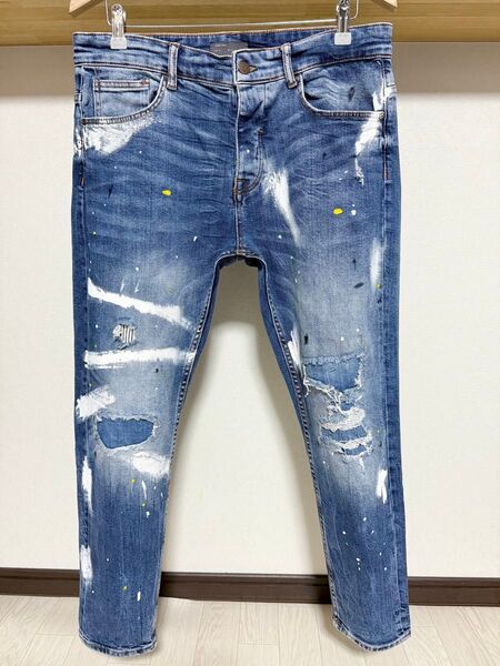 ペイント ZARA MAN ダメージ 加工 デニム 44 34 メンズ スキニー ストレッチ ジーンズ パンツ