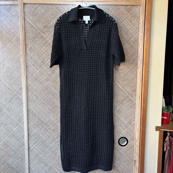 【美品】H&M エイチアンドエム/透かし編み 半袖 ニットロングワンピース ブラック XSサイズ 155/80A