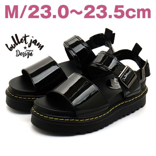 コンフォートサンダル レディース ブラック エナメル 黒 24.5cm 厚底 ベルト バックル ストラップ スポーツ 女性 靴
