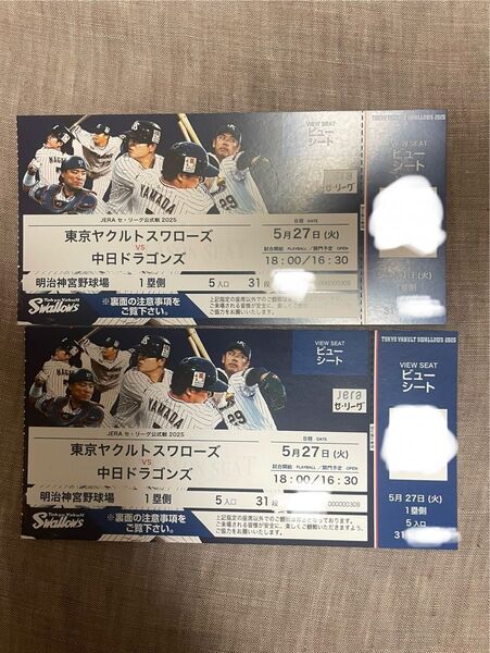 東京ヤクルトスワローズvs中日ドラゴンズ 明治神宮 チケット 2枚 5月27日