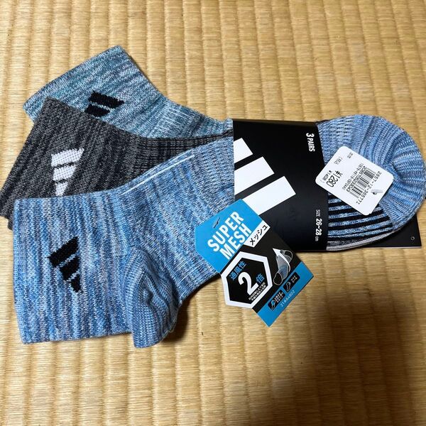 タグ付き adidas メンズソックス 26〜28㎝ 3足1組 春・夏向き スーパーメッシュ 総メッシュ