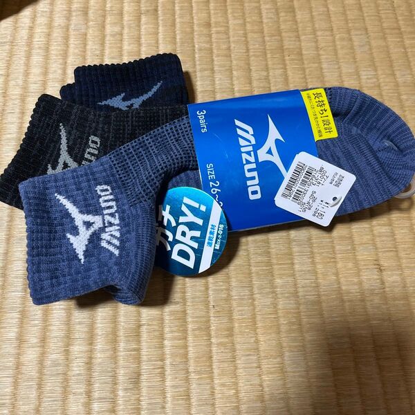 タグ付き mizuno メンズソックス 3足1組 26-28センチ 春秋向き 甲メッシュ ミズノ