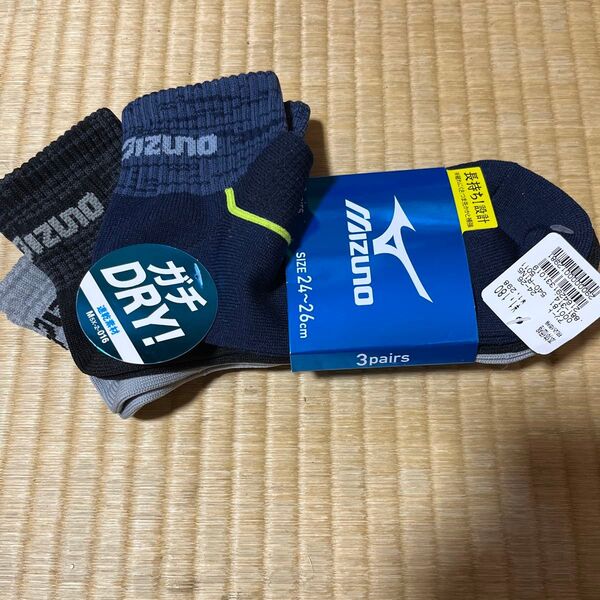 タグ付き mizuno メンズソックス 3足1組 26-28センチ 春夏向き 速乾素材 ガチDRY 甲メッシュ