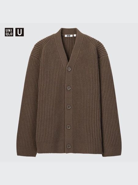 ユニクロユー プレミアムラムVネックカーディガン ダークブラウン L 厚手