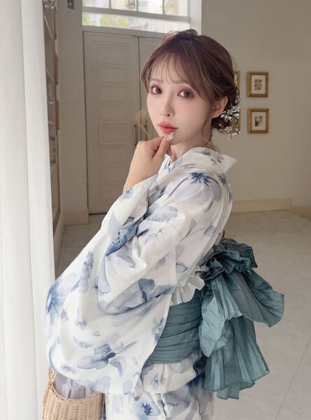水彩花柄浴衣セット 2way ワンピース 二部式 兵児帯 ブルー 大人花柄