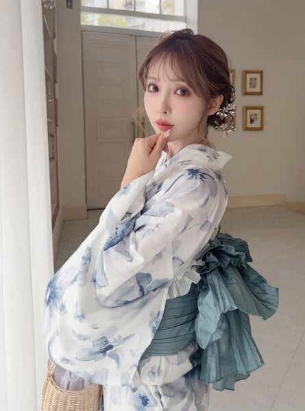 水彩花柄浴衣セット 2way ワンピース 二部式 兵児帯 ブルー 大人花柄