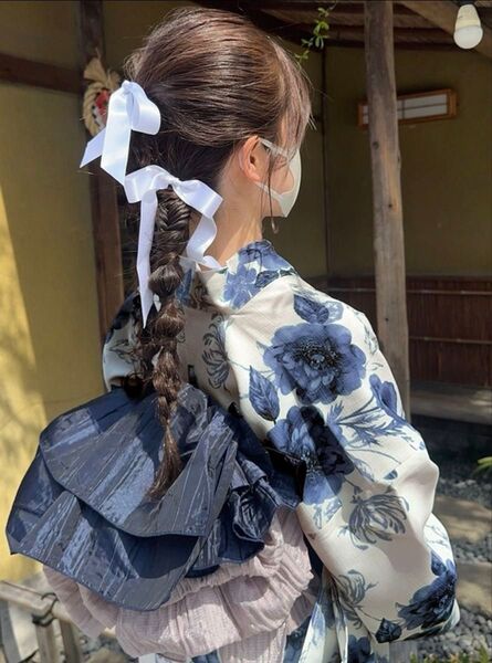 水彩花柄浴衣セット 兵児帯 ブルー 紺色 ホワイト 大人花柄
