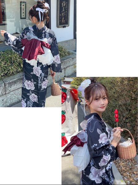 藤浴衣セット 兵児帯 レッド ネイビー 紺色 大人花柄 古典花柄 和柄