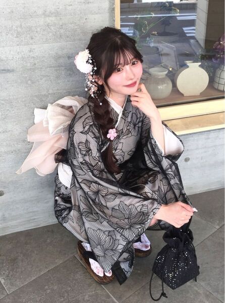3点セット 2Way チュール花柄セパレート浴衣 ワンピース 兵児帯 ブラック 大人花柄