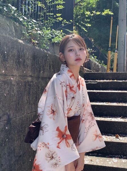 3点セット 2Way花柄セパレート浴衣 ワンピース 兵児帯 ブラウン オレンジ 大人花柄