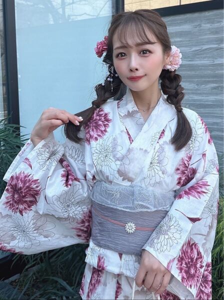 ダリア柄浴衣セット 兵児帯 グレー レッド ピンク アイボリー 古典花柄 和柄