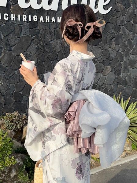 3点セット2Way花柄セパレート浴衣 ピンク ワンピース 二部式 兵児帯