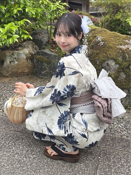 ガーベラ浴衣セット 兵児帯 グレー ブルー ホワイト ネイビー 大人花柄 フェミニン