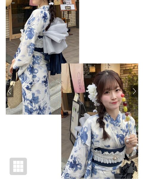 水彩花柄浴衣セット 兵児帯 ブルー ホワイト ネイビー 大人花柄 フェミニン