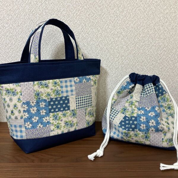 ハンドメイド トートバッグand巾着袋のセット パッチワーク調花柄