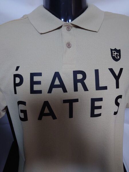 【中古美品】PEALRY GATES★パーリーゲイツ 2段ロゴワーク速乾半袖ポロシャツ/稀少カラーベージュ/稀少サイズ(7),3L