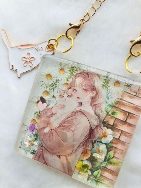 【猫】液体入りシェイカーバックチャーム キーホルダー 女の子と猫 ハンドメイド