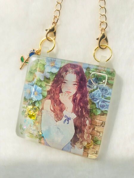 【青薔薇】ハンドメイド レジン 液体入りシェイカーバックチャーム キーホルダー薔薇 チャーム付き