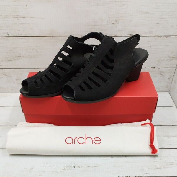 【美品】archeアルシュENEXOR(NUBUCK)オープントゥサンダル レザー ブラック 37(23.5cm)保管袋、※箱あり