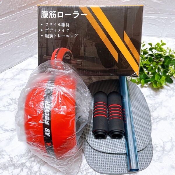新品未使用 腹筋ローラー 膝マット付き レッド 体幹 筋トレ ダイエット