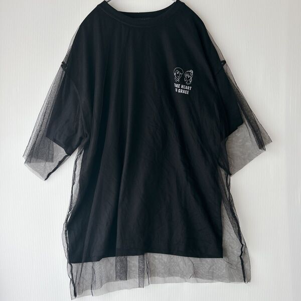 オーバーTシャツ ドッキングチュール素材 ブラック オーバーサイズ ゆったりサイズ L