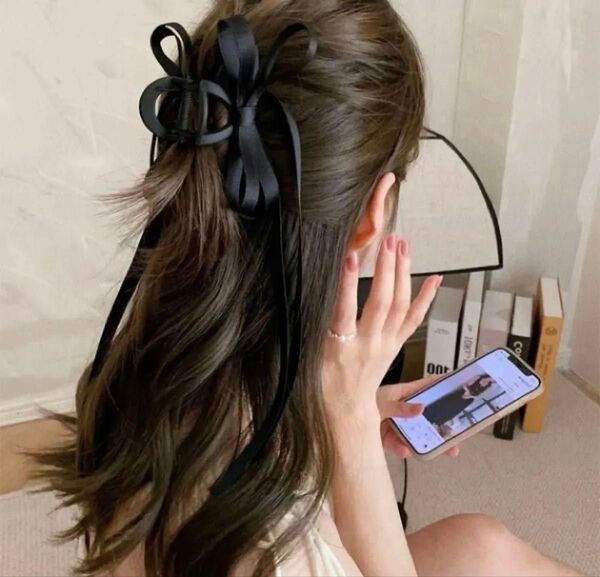 ヘアクリップ リボンクリップ バレッタ 黒 リボン 長いリボン 韓国