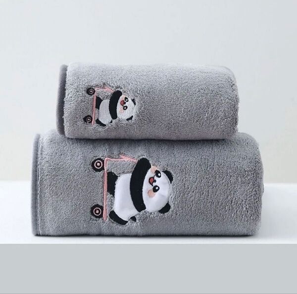 刺繍/パンダ/大判バスタオル フェイスタオル/セット (グレー)