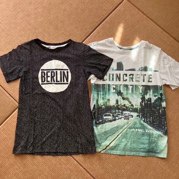H&M 150/160 Tシャツ 半袖Tシャツ 2枚セット 黒 白 プリント フォトプリント かっこいい 男の子 高学年 中学生