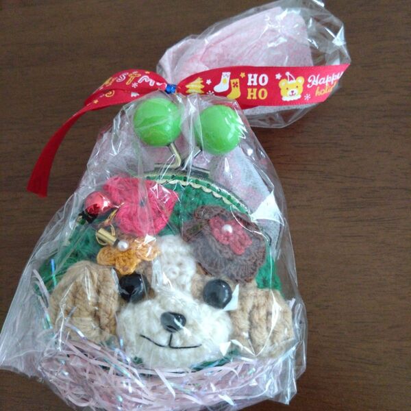 ②あみぐるみ チワワ ワンちゃん ハンドメイド がま口・ポーチ 手編みチャーム付