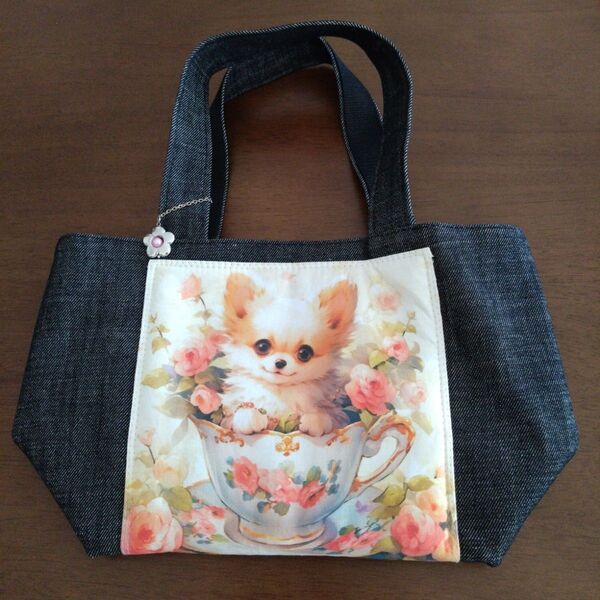 新品 未使用 ランチトートバッグ ハンドメイド 犬 チワワ お花 お弁当袋 カップ 動物