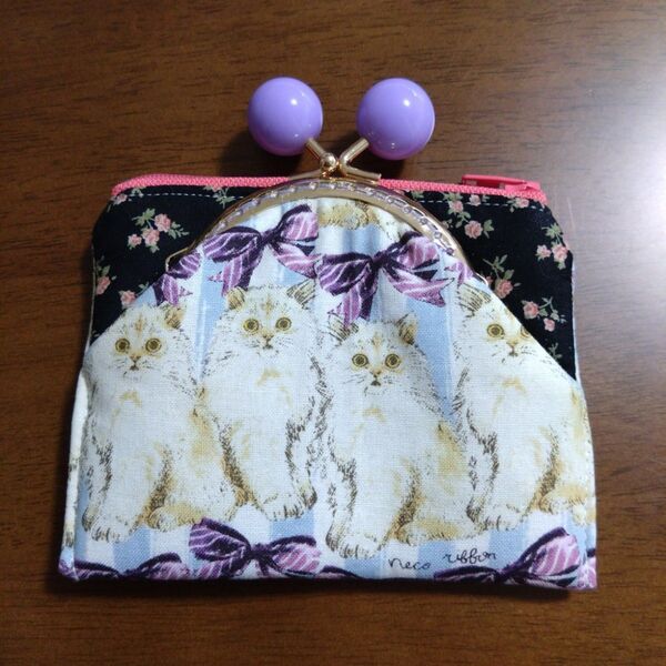 新品 ハンドメイド ファスナー付がま口&小物入れ ポーチ 猫