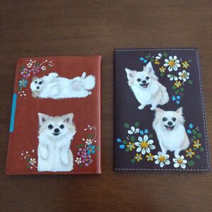 未使用 犬のイラスト ブックカバー メモ帳 ハンドメイド トールペイント チワワ 犬