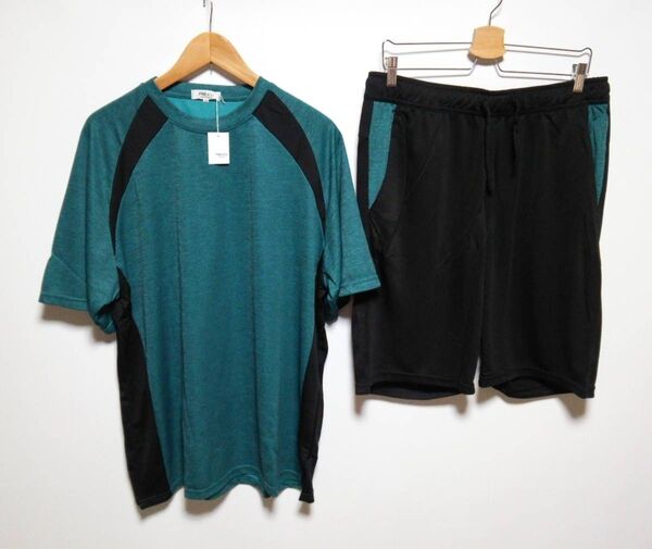 新品 ★メンズX1(3L~4L サカゼン ドライストレッチ 上下セットアップ 半袖Tシャツ 半袖シャツ ハーフパンツ ショーツ 緑