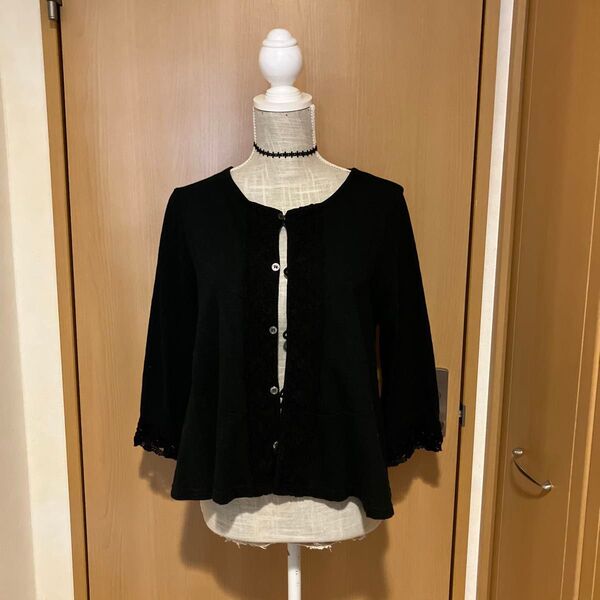 黒の七分袖カーディガン レース レディース、ボレロ