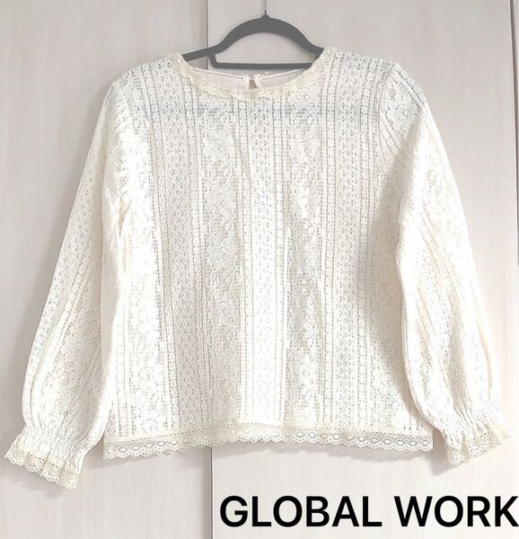 美品 GLOBAL WORK プチエリレースレイヤード アイボリー Lサイズ 総レースブラウス カットソー