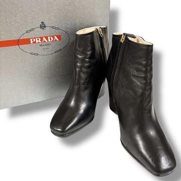 箱付き PRADA プラダ ウェッジソール ショートブーツ 25.5cm 黒
