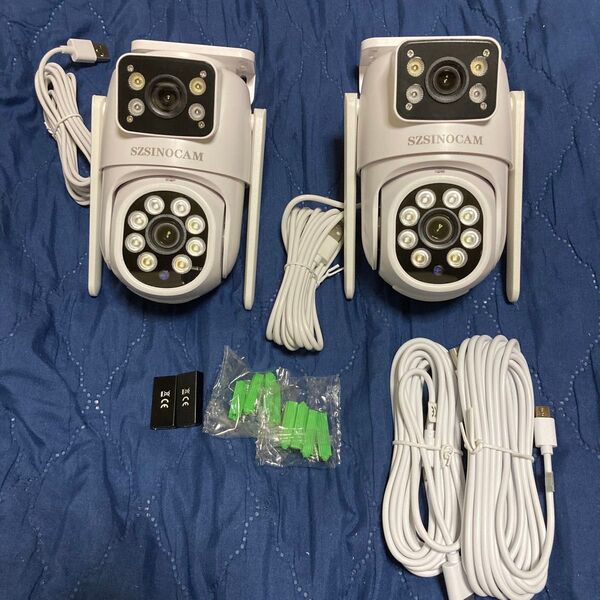 IP65防水仕様デュアルレンズAI人間自動追跡防犯カメラ2台USBケーブル5メートル二本付き