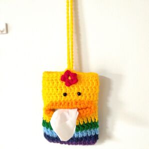 ひよこのポケットティッシュケース 虹色カラー 小物入れ ハンドメイド パクパク