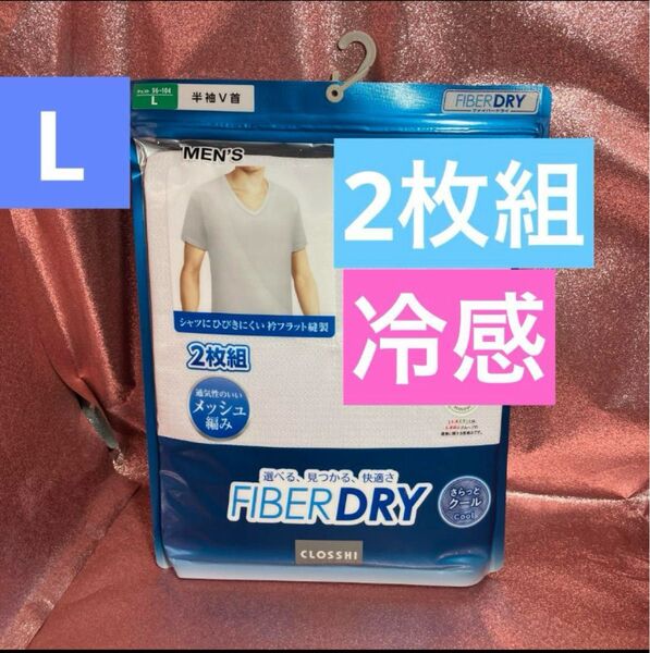 ファイバードライ 接触冷感 メンズ メッシュ 半袖 V首シャツ 白 2枚組 Lサイズ アンダーシャツ インナー 肌着