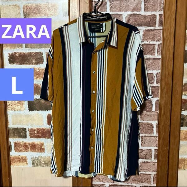 ZARA ストライプ シャツ 半袖 Lサイズ リラックスフィット remaxed fit オープンカラーシャツ