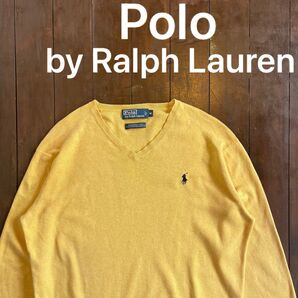 美品!!【Polo by Ralph Lauren ポロバイラルフローレン】Vネックコットンニット イエロー ピマコットン L