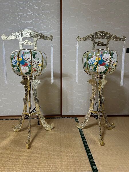 ☆盆提灯 孔雀 牡丹 ゴールド 2個セット 高さ約90㎝