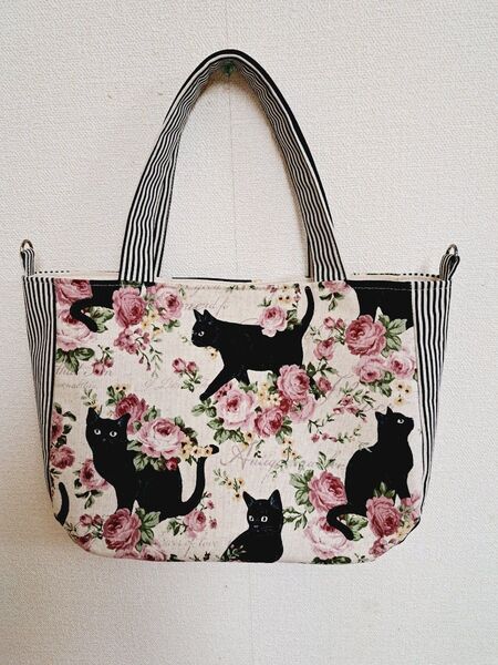 ハンドメイド バッグ カバン ネコ トートバッグ ショルダーバッグ 手提げカバン サブバッグ 猫 薔薇