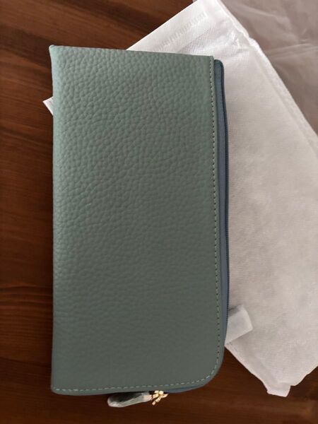 新品 難 L字ファスナー 長財布 薄い軽い レザー くすみブルー