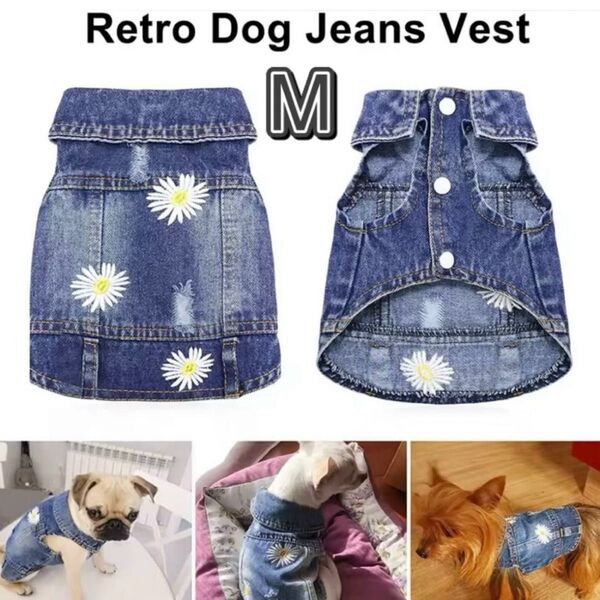 犬服 ドッグウェア デニム ベスト M ブルー ペットウェア ノースリーブ 袖なし 犬 小型犬 夏 レトロ 犬の服 ペット服