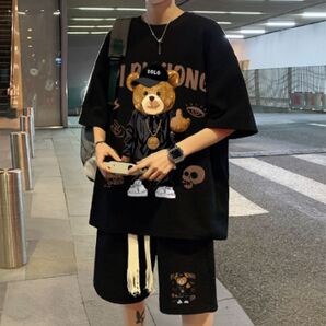 【新品未使用】メンズ クマ セットアップ上下 セットアップ Tシャツ ハーフパンツ 2点 ブラック