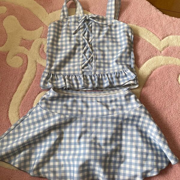 女の子 水着 セパレート キッズ 女児 130 ギンガムチェック 水色
