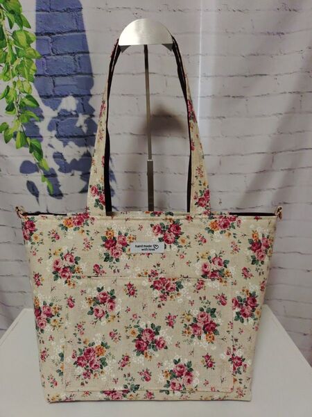 麻混 可愛いお花の トートショルダーバッグ ハンドメイド