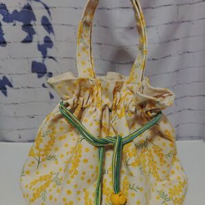 可愛いミモザの巾着トートバッグ イエロー ハンドメイド